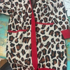 Leopard Print Cardigan with Red Trim